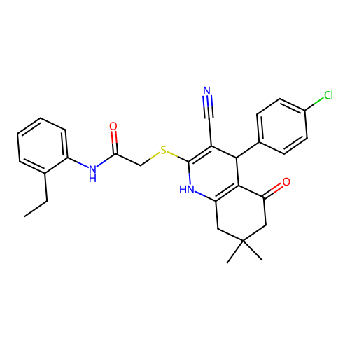 2-((4-(4-chlorophenyl)-3-cyano-7,7-dimethyl-5-oxo-1,4,5,6,7,8-hexahydroquinolin-2-yl)thio)-N-(2-ethylphenyl)acetamide structure