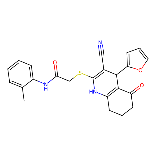2-((3-cyano-4-(furan-2-yl)-5-oxo-1,4,5,6,7,8-hexahydroquinolin-2-yl)thio)-N-(o-tolyl)acetamide structure
