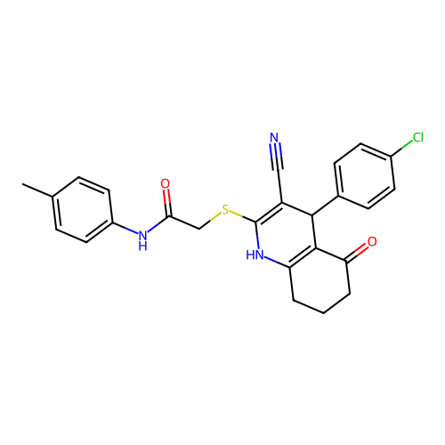 2-((4-(4-chlorophenyl)-3-cyano-5-oxo-1,4,5,6,7,8-hexahydroquinolin-2-yl)thio)-N-(p-tolyl)acetamide structure