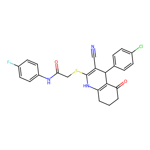 2-((4-(4-chlorophenyl)-3-cyano-5-oxo-1,4,5,6,7,8-hexahydroquinolin-2-yl)thio)-N-(4-fluorophenyl)acetamide structure
