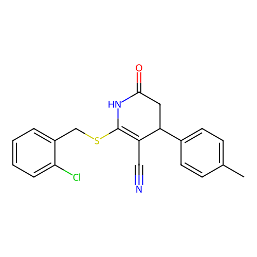 2-((2-chlorobenzyl)thio)-6-oxo-4-(p-tolyl)-1,4,5,6-tetrahydropyridine-3-carbonitrile structure