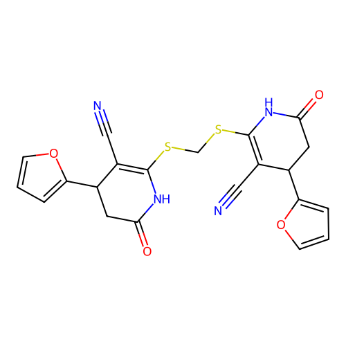 2,2'-(methanediyldisulfanediyl)bis[4-(furan-2-yl)-6-hydroxy-4,5-dihydropyridine-3-carbonitrile] structure
