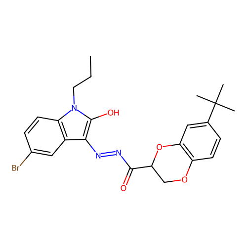 (E)-N'-(5-bromo-2-oxo-1-propylindolin-3-ylidene)-7-(tert-butyl)-2,3-dihydrobenzo[b][1,4]dioxine-2-carbohydrazide structure