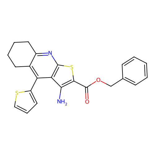 benzyl 3-amino-4-(thiophen-2-yl)-5,6,7,8-tetrahydrothieno[2,3-b]quinoline-2-carboxylate structure