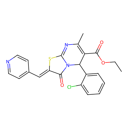 ethyl (2Z)-5-(2-chlorophenyl)-7-methyl-3-oxo-2-(pyridin-4-ylmethylidene)-2,3-dihydro-5H-[1,3]thiazolo[3,2-a]pyrimidine-6-carboxylate structure