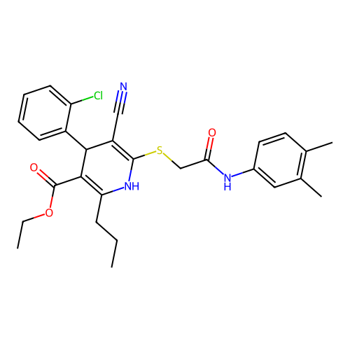 ethyl 4-(2-chlorophenyl)-5-cyano-6-((2-((3,4-dimethylphenyl)amino)-2-oxoethyl)thio)-2-propyl-1,4-dihydropyridine-3-carboxylate structure