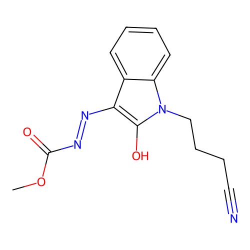 (E)-methyl 2-(1-(3-cyanopropyl)-2-oxoindolin-3-ylidene)hydrazinecarboxylate structure