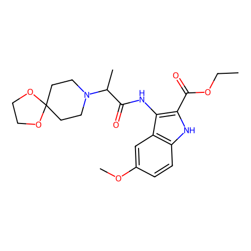 ethyl 3-(2-(1,4-dioxa-8-azaspiro[4.5]decan-8-yl)propanamido)-5-methoxy-1H-indole-2-carboxylate structure