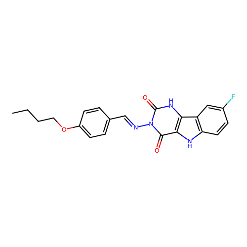 (E)-3-((4-butoxybenzylidene)amino)-8-fluoro-1H-pyrimido[5,4-b]indole-2,4(3H,5H)-dione structure