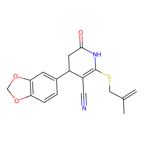 4-(1,3-benzodioxol-5-yl)-2-[(2-methylprop-2-en-1-yl)sulfanyl]-6-oxo-1,4,5,6-tetrahydropyridine-3-carbonitrile structure