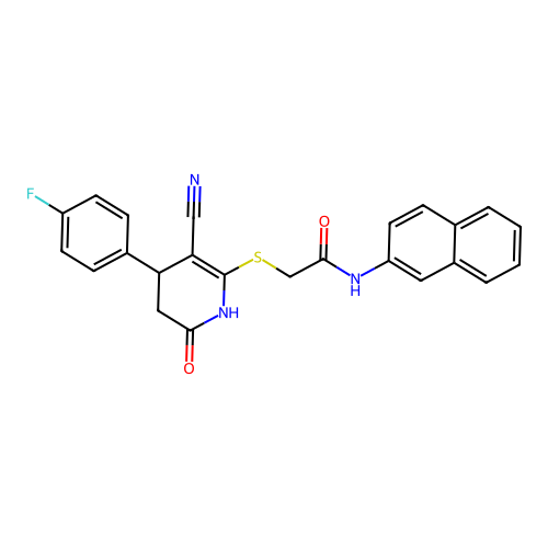 2-((3-cyano-4-(4-fluorophenyl)-6-oxo-1,4,5,6-tetrahydropyridin-2-yl)thio)-N-(naphthalen-2-yl)acetamide structure