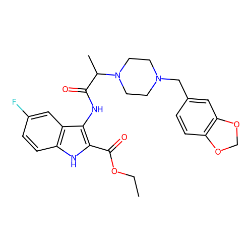 ethyl 3-({2-[4-(1,3-benzodioxol-5-ylmethyl)piperazin-1-yl]propanoyl}amino)-5-fluoro-1H-indole-2-carboxylate structure