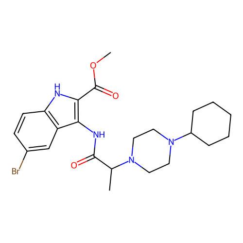 methyl 5-bromo-3-(2-(4-cyclohexylpiperazin-1-yl)propanamido)-1H-indole-2-carboxylate structure