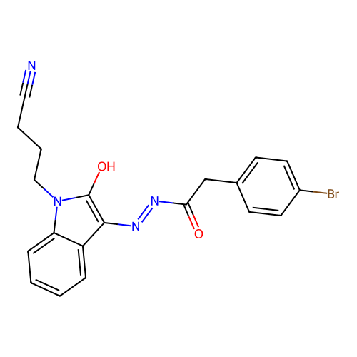(E)-2-(4-bromophenyl)-N'-(1-(3-cyanopropyl)-2-oxoindolin-3-ylidene)acetohydrazide structure