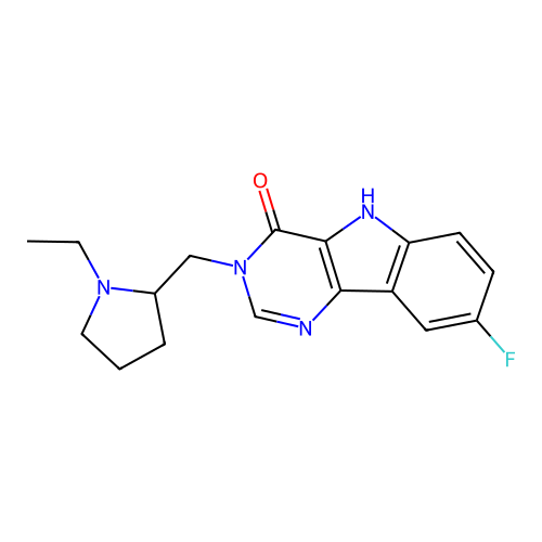 3-((1-ethylpyrrolidin-2-yl)methyl)-8-fluoro-3H-pyrimido[5,4-b]indol-4(5H)-one structure