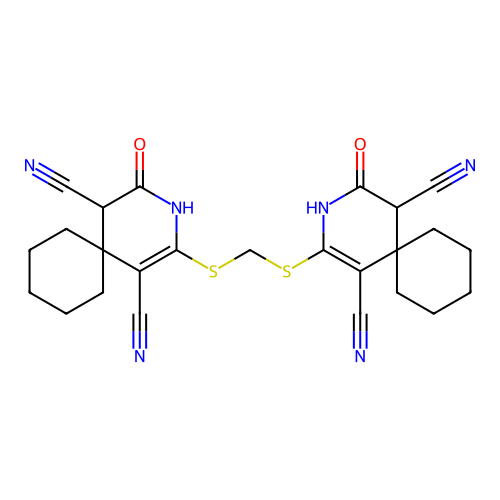 2,2'-(methanediyldisulfanediyl)bis(4-oxo-3-azaspiro[5.5]undec-1-ene-1,5-dicarbonitrile) structure
