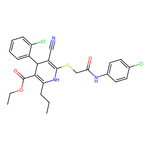 ethyl 4-(2-chlorophenyl)-6-((2-((4-chlorophenyl)amino)-2-oxoethyl)thio)-5-cyano-2-propyl-1,4-dihydropyridine-3-carboxylate structure
