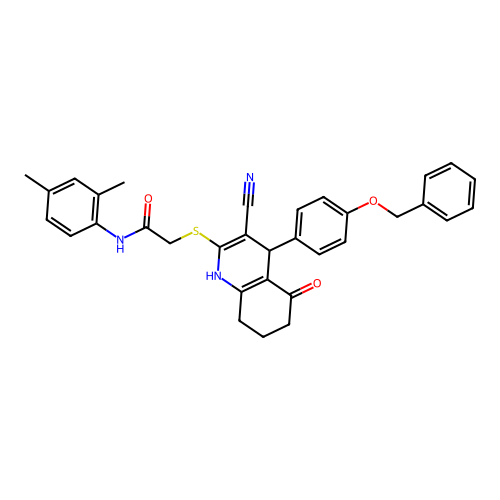 2-({4-[4-(benzyloxy)phenyl]-3-cyano-5-oxo-1,4,5,6,7,8-hexahydroquinolin-2-yl}sulfanyl)-N-(2,4-dimethylphenyl)acetamide structure