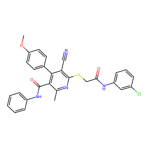 6-((2-((3-chlorophenyl)amino)-2-oxoethyl)thio)-5-cyano-4-(4-methoxyphenyl)-2-methyl-N-phenylnicotinamide structure
