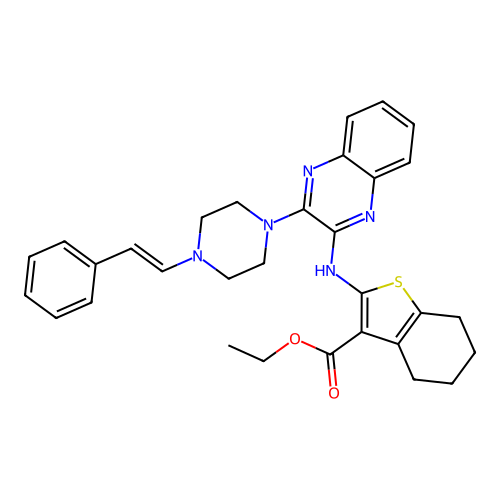 (E)-ethyl 2-((3-(4-styrylpiperazin-1-yl)quinoxalin-2-yl)amino)-4,5,6,7-tetrahydrobenzo[b]thiophene-3-carboxylate structure