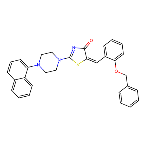 (E)-5-(2-(benzyloxy)benzylidene)-2-(4-(naphthalen-1-yl)piperazin-1-yl)thiazol-4(5H)-one structure