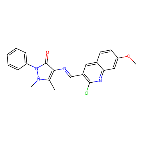 4-[(2-chloro-7-methoxyquinolin-3-yl)methylideneamino]-1,5-dimethyl-2-phenylpyrazol-3-one structure