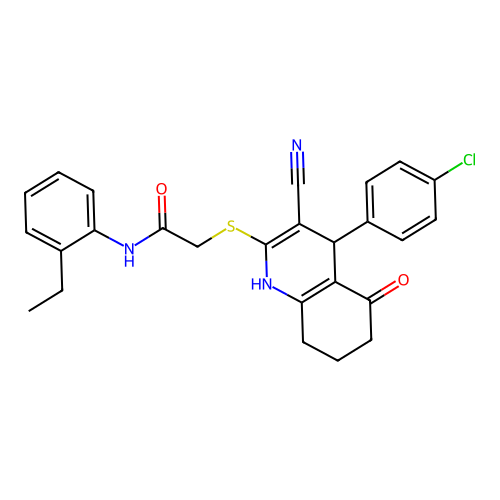 2-((4-(4-chlorophenyl)-3-cyano-5-oxo-1,4,5,6,7,8-hexahydroquinolin-2-yl)thio)-N-(2-ethylphenyl)acetamide structure