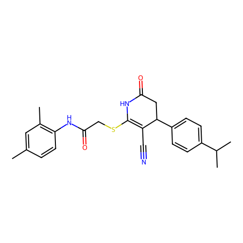 2-({3-cyano-6-oxo-4-[4-(propan-2-yl)phenyl]-1,4,5,6-tetrahydropyridin-2-yl}sulfanyl)-N-(2,4-dimethylphenyl)acetamide structure
