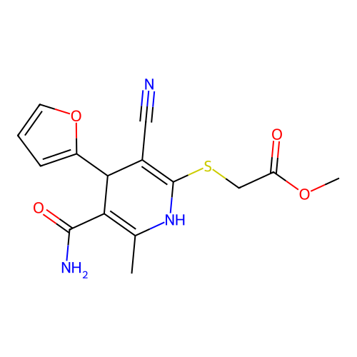 methyl {[5-carbamoyl-3-cyano-4-(furan-2-yl)-6-methyl-1,4-dihydropyridin-2-yl]sulfanyl}acetate structure