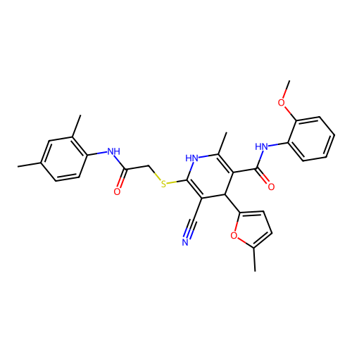 5-cyano-6-((2-((2,4-dimethylphenyl)amino)-2-oxoethyl)thio)-N-(2-methoxyphenyl)-2-methyl-4-(5-methylfuran-2-yl)-1,4-dihydropyridine-3-carboxamide structure