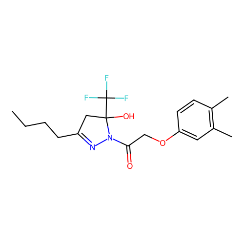 1-[3-butyl-5-hydroxy-5-(trifluoromethyl)-4,5-dihydro-1H-pyrazol-1-yl]-2-(3,4-dimethylphenoxy)ethanone structure