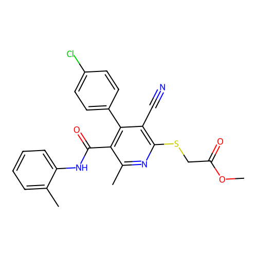 [4-(4-Chloro-phenyl)-3-cyano-6-methyl-5-o-tolylcarbamoyl-pyridin-2-ylsulfanyl]-acetic acid methyl ester structure