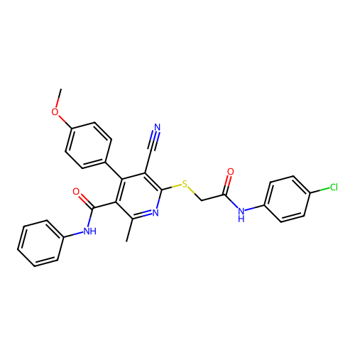 6-({2-[(4-chlorophenyl)amino]-2-oxoethyl}sulfanyl)-5-cyano-4-(4-methoxyphenyl)-2-methyl-N-phenylpyridine-3-carboxamide structure