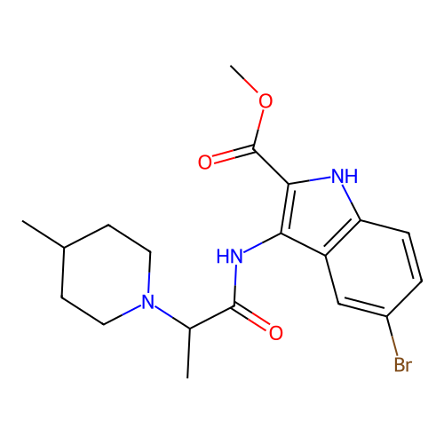 methyl 5-bromo-3-(2-(4-methylpiperidin-1-yl)propanamido)-1H-indole-2-carboxylate structure