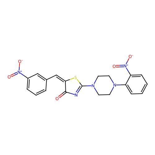 (5E)-5-(3-nitrobenzylidene)-2-[4-(2-nitrophenyl)piperazin-1-yl]-1,3-thiazol-4(5H)-one structure