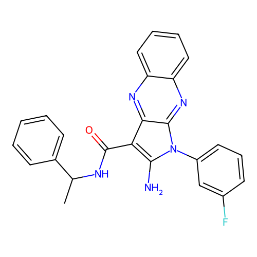 2-amino-1-(3-fluorophenyl)-N-(1-phenylethyl)-1H-pyrrolo[2,3-b]quinoxaline-3-carboxamide structure