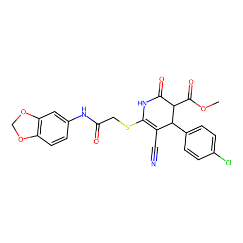 methyl 6-((2-(benzo[d][1,3]dioxol-5-ylamino)-2-oxoethyl)thio)-4-(4-chlorophenyl)-5-cyano-2-oxo-1,2,3,4-tetrahydropyridine-3-carboxylate structure