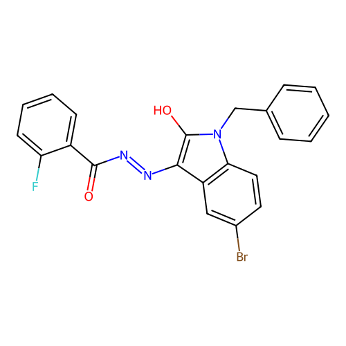 N-[(1-benzyl-5-bromo-2-oxoindol-3-ylidene)amino]-2-fluorobenzamide structure