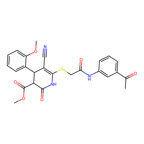 methyl 6-((2-((3-acetylphenyl)amino)-2-oxoethyl)thio)-5-cyano-4-(2-methoxyphenyl)-2-oxo-1,2,3,4-tetrahydropyridine-3-carboxylate structure