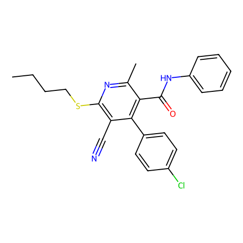 6-(butylthio)-4-(4-chlorophenyl)-5-cyano-2-methyl-N-phenylnicotinamide structure