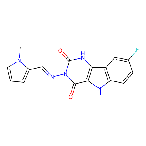 (E)-8-fluoro-3-(((1-methyl-1H-pyrrol-2-yl)methylene)amino)-1H-pyrimido[5,4-b]indole-2,4(3H,5H)-dione structure