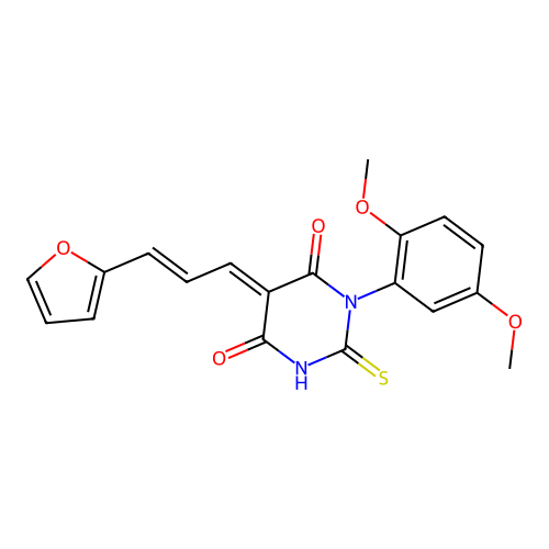 (5E)-1-(2,5-dimethoxyphenyl)-5-[(E)-3-(furan-2-yl)prop-2-enylidene]-2-sulfanylidene-1,3-diazinane-4,6-dione structure