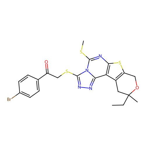 1-(4-bromophenyl)-2-((10-ethyl-10-methyl-5-(methylthio)-10,11-dihydro-8H-pyrano[4',3':4,5]thieno[3,2-e][1,2,4]triazolo[4,3-c]pyrimidin-3-yl)thio)ethanone structure