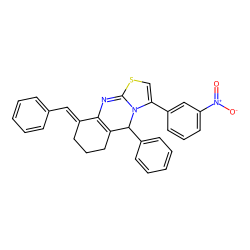(9E)-9-benzylidene-3-(3-nitrophenyl)-5-phenyl-5,6,7,8-tetrahydro-[1,3]thiazolo[2,3-b]quinazoline structure