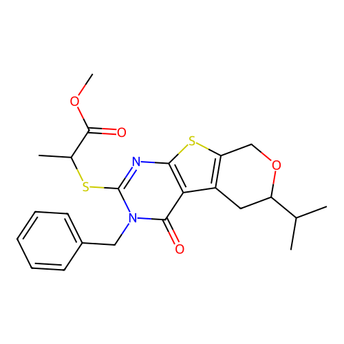 methyl 2-((3-benzyl-6-isopropyl-4-oxo-4,5,6,8-tetrahydro-3H-pyrano[4',3':4,5]thieno[2,3-d]pyrimidin-2-yl)thio)propanoate structure