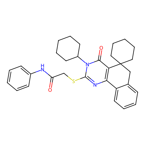 2-((3-cyclohexyl-4-oxo-4,6-dihydro-3H-spiro[benzo[h]quinazoline-5,1'-cyclohexan]-2-yl)thio)-N-phenylacetamide structure