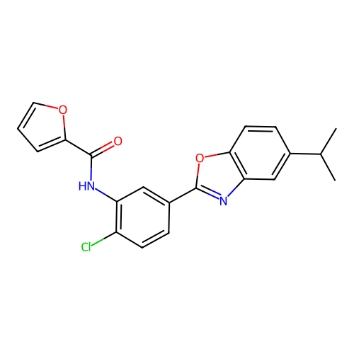 N-{2-chloro-5-[5-(propan-2-yl)-1,3-benzoxazol-2-yl]phenyl}furan-2-carboxamide structure