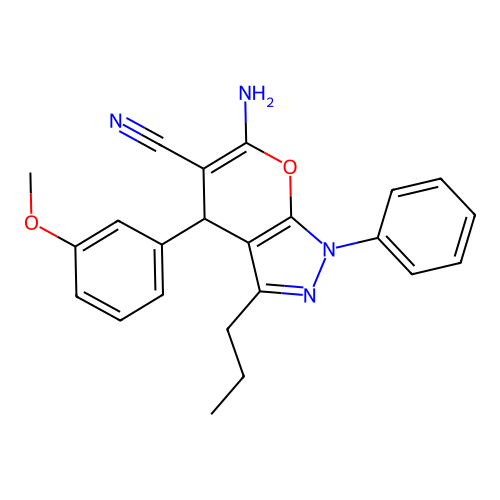 6-amino-4-(3-methoxyphenyl)-1-phenyl-3-propyl-1,4-dihydropyrano[2,3-c]pyrazole-5-carbonitrile structure