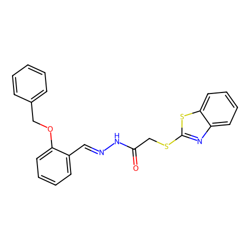 (E)-2-(benzo[d]thiazol-2-ylthio)-N'-(2-(benzyloxy)benzylidene)acetohydrazide structure