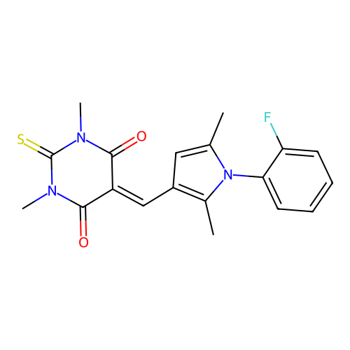 5-{[1-(2-fluorophenyl)-2,5-dimethyl-1H-pyrrol-3-yl]methylidene}-1,3-dimethyl-2-thioxodihydropyrimidine-4,6(1H,5H)-dione structure